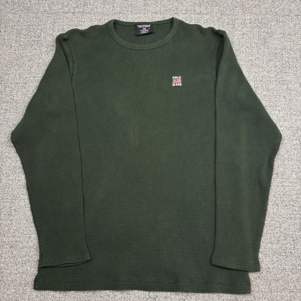 Polo Jeans Co Ralph Lauren Thermal Mens XL Waffle Knit Green Slim Gorpcore VTG